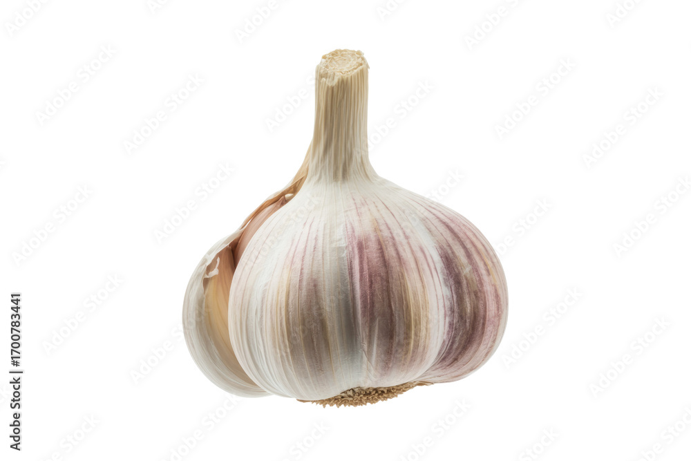 Poster a single bulb of garlic, isolated on a transparent background, showing its intricate detail and text