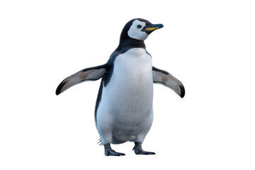 Naklejka premium A cute, fluffy Chinstrap penguin chick stands against a transparent background, wings slightly spread. background removed