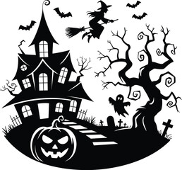 Haunted house with flying witch, spooky ghost, creepy tree, bats, and jack-o’-lantern pumpkin Halloween vector illustration night scene.