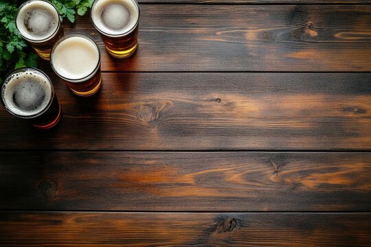 Top view of four frothy craft beer glasses on rustic wooden table with copy space, perfect for brewery menus, bar promotions, Oktoberfest posters, and beer tasting event flyers