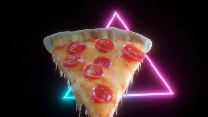 A slice of pizza with pepperoni on it is shown in a neon green triangle. The pizza is melting and dripping, giving it a fun and playful vibe - Powered by Adobe