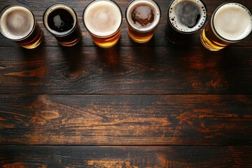 Top view of six frothy craft beer glasses arranged on rustic dark wooden table with copy space, perfect for brewery branding, pub advertisements, and beer tasting event graphics