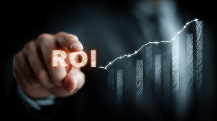 Successful Finance Executive Pointing Towards Soaring Profit Graph, Ideal for Business Presentations and Social Media Campaigns, Evoking Sense of Accomplishment.