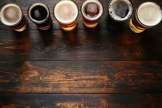 Top view of six frothy craft beer glasses arranged on rustic dark wooden table with copy space, perfect for brewery branding, pub advertisements, and beer tasting event graphics