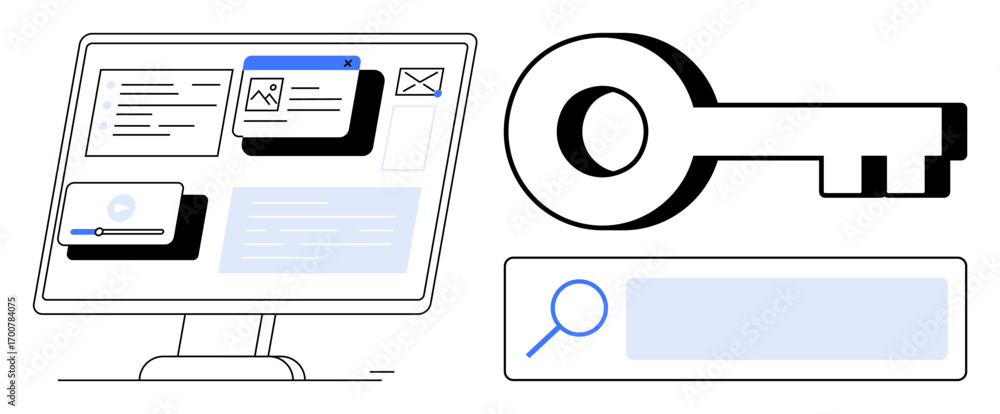 Poster monitor with widgets, large key, and search bar emphasizing security, browsing, usability, and infor