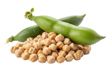 A pile of chickpeas with two fresh broad beans on top, isolated on a transparent background. background removed