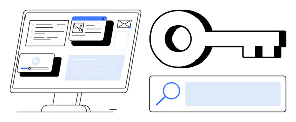 Monitor with widgets, large key, and search bar emphasizing security, browsing, usability, and information retrieval. Ideal for tech, cybersecurity, search systems user experience data management