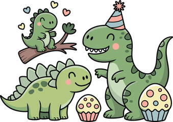 Cute cartoon dinosaurs celebrating birthday party with cupcakes, party hat, hearts, adorable prehistoric animals, children illustration, fun design