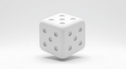 A single white die with visible pips on three faces, isolated on a clean white background.