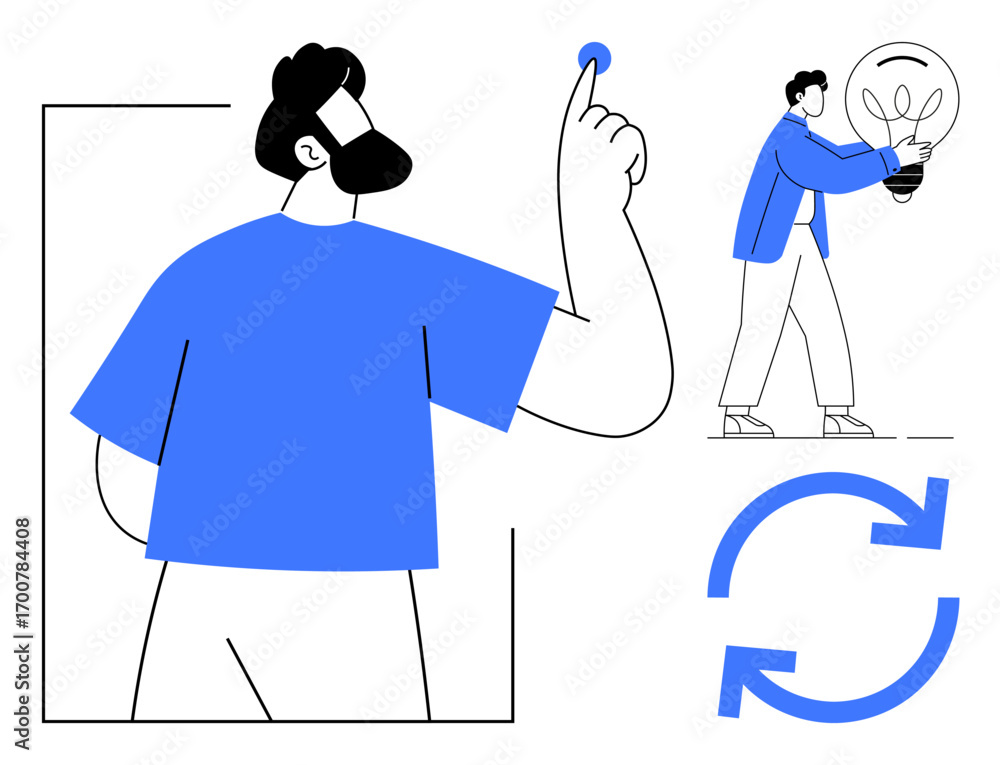 Poster man pointing as another carries a glowing lightbulb with two recycling arrows. ideal for innovation,