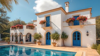 Luxurious villa with a swimming pool and vibrant flowers on a sunny day scene