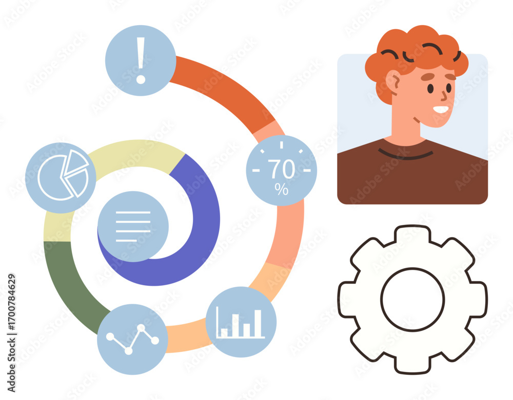 Poster spiral infographic with progress rings, chart data, and visual elements thumbs up user avatar and ge