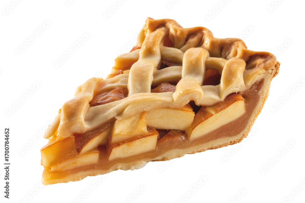 Poster a delectable slice of apple pie with a lattice crust, perfect for autumn. background removed
