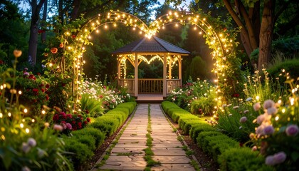 Illuminated pathway leads to a gazebo with glowing heart archway, surrounded by blooming flowers and lush greenery at dusk