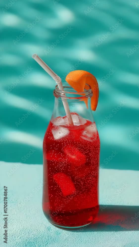 Poster a glass of red drink with a straw and an orange slice in it. the drink is in a bottle and is sitting