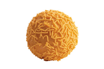 Obraz premium A spherical, golden-yellow confection covered in crunchy, vermicelli-like sprinkles. background removed