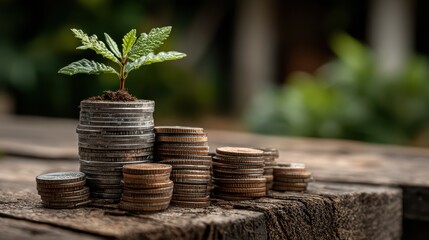 Unique Stacking of Coins with Emerging Green Life, Symbolizing Growth and Prosperity Perfect for Inspiring and Uplifting Projects.