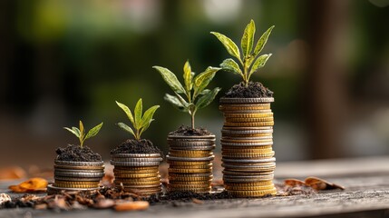 Striking Composition of Gold Coins Towers with Sprouting Green Plants Inspiring Wealth and Growth.