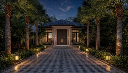 Obraz premium Elegant home exterior with palm trees and driveway at twilight showcases luxury