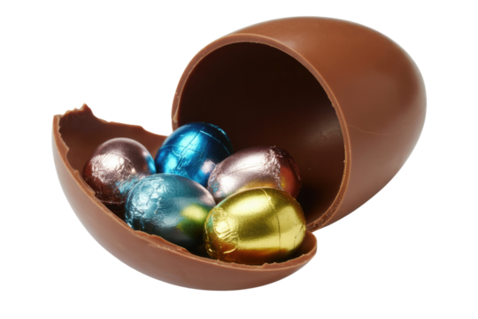 A broken chocolate Easter egg reveals colorful foil-wrapped chocolate eggs inside. background removed