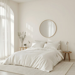 A tranquil minimalist bedroom with a floor bed and a circular mirror.