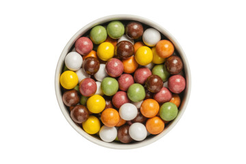 A white bowl filled with colorful round candies, viewed from above against a transparent background. background removed