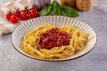 Italian pasta spaghetti bolognese with minced beef meat and tomato sauce