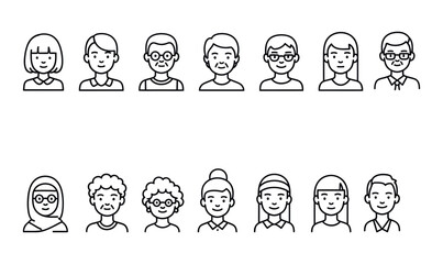 Diverse People Avatar Outline Icons Set User Profile and Character Line Art.