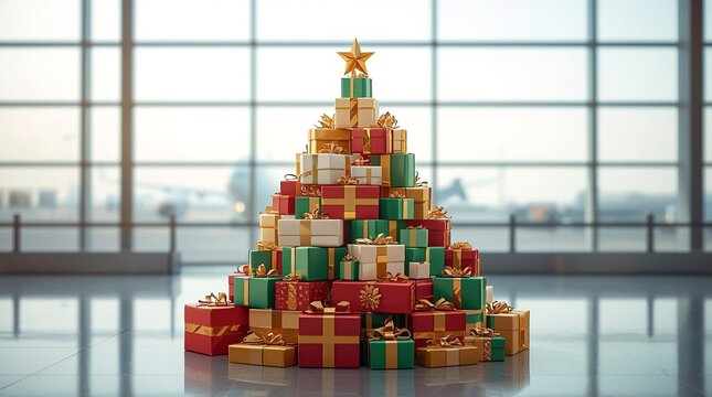 Christmas tree shaped pyramid of wrapped gift boxes with golden ribbons in airport terminal, festive holiday decoration with airplane in background, New Year travel and celebration theme