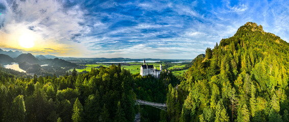 Schloss Neuschwanstein, Neuschwanstein Castle Panorama Landscape Photo, Schwangau Germany