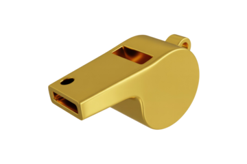 A 3D render of a golden whistle isolated on a transparent background. background removed