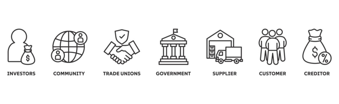 Stakeholder icon set illustration illustration concept with icon of investors, community, trade unions, government, supplier, customer, creditor 