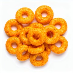 Crunchy cheese rings forming a delectable circle composition arranged nicely on white background