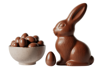 A chocolate Easter bunny sits beside a bowl of chocolate eggs and a single chocolate egg. background removed
