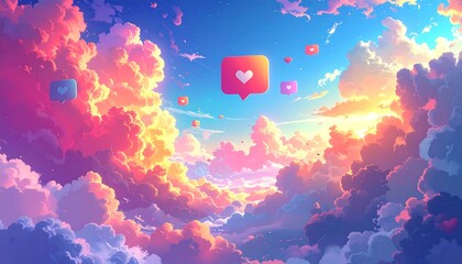 A vibrant, colorful digital painting of a sky filled with fluffy clouds, warm sunlight, and social media icons, evoking a cheerful and dreamy atmosphere.