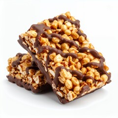 Stacked puffed rice bars with chocolate drizzle offering a delightful snack on white background