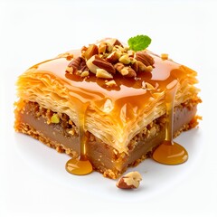Delicious caramel baklava with nut topping, a sweet pastry delight on white background
