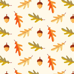 Obraz premium Seamless pattern of doodle oak leaves and acorns on isolated background. Hand drawn background for Autumn harvest holiday, Thanksgiving, Halloween, seasonal, textile, scrapbooking.