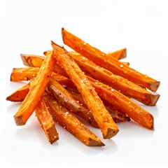 Captivating display of golden sweet potato fries, beautifully arranged on white background