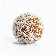 Delicious energy ball coated with shredded coconut flakes, perfect snack on white background