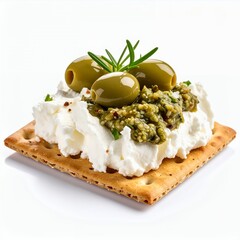 A delectable appetizer featuring creamy cheese and olive toppings on cracker on white background