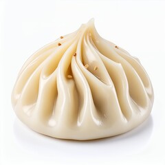 Isolated dumpling exhibiting delicate pleats and scattered sesame seeds on white background