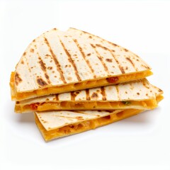 Stack of vibrant cheese quesadillas with grill marks, enticing food presentation on white background