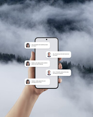 Business chat interface on smartphone mockup with mountain background