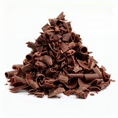 Delectable pile of dark chocolate shavings and curls, tempting treat on white background