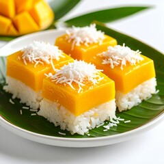 Exotic mango sticky rice squares, presented on verdant leaf, vibrant flavors on white background