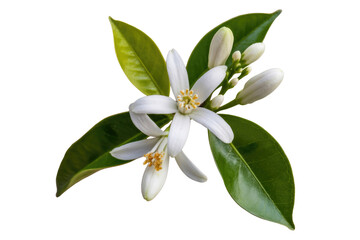 A sprig of orange blossoms with white petals and green leaves, isolated on transparent background. background removed