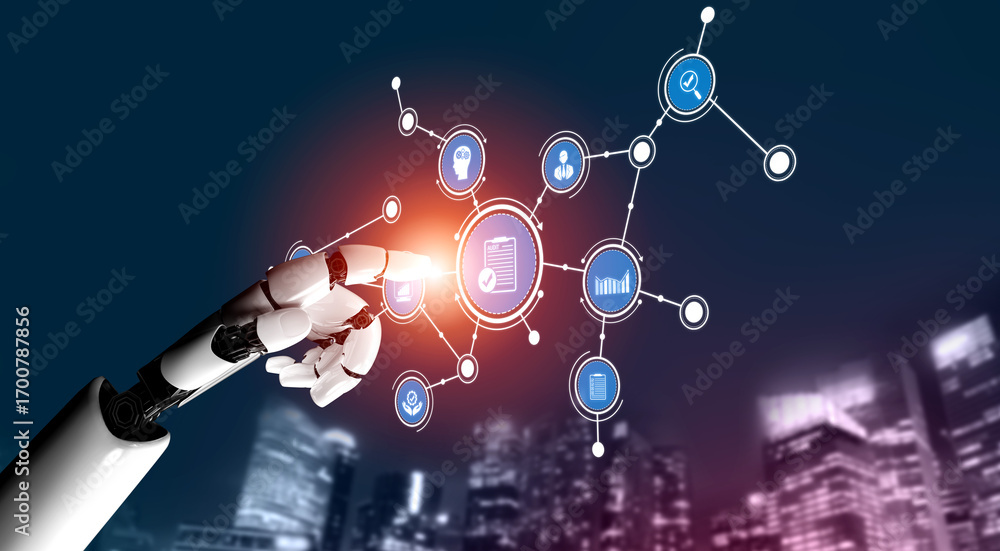 Poster a futuristic robot hand interacts with a digital interface displaying various technology icons again