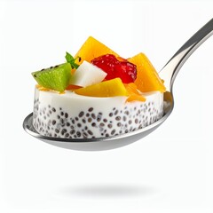 Fruit salad on spoon, fresh, creative, nutritious snack idea, healthy dessert, chia seeds on white background
