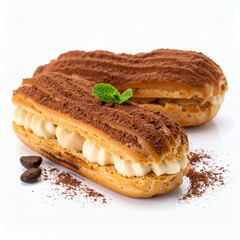 Delicious cream filled pastries dusted with cocoa and adorned with mint on white background